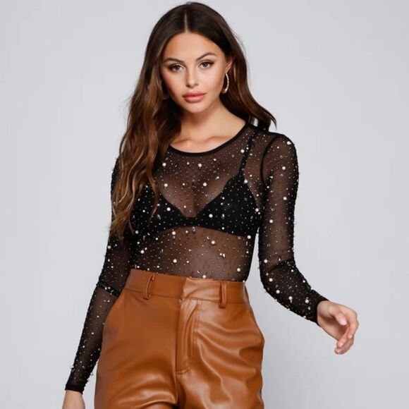 👚 Windsor “All That Shine” Pearl and Rhinestone Bodysuit - Size XS - Picture 1 of 8